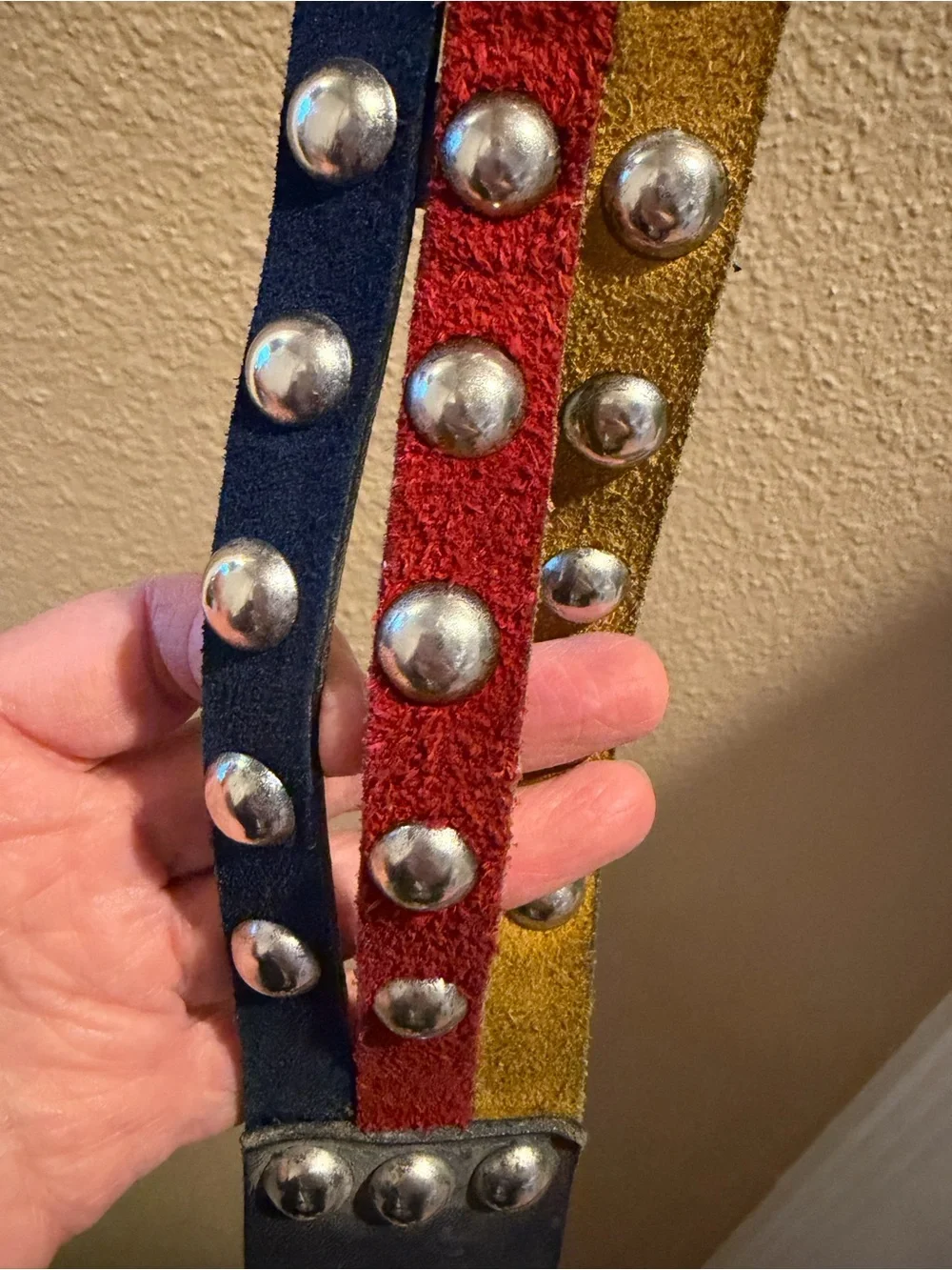 Vera Neumann Vintage 1980’s Leather Three Colors Navy Yellow Red Metal Stud Belt